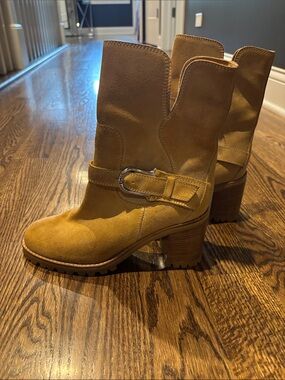 Suede Tan Ankle Booties with Buckle Strap